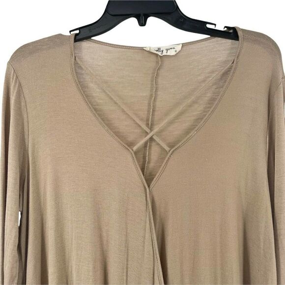 Molly Green Top Brown Criss Cross V Neck Draped 3/4 Sleeve Jersey Stretch Knit L - Picture 3 of 8
